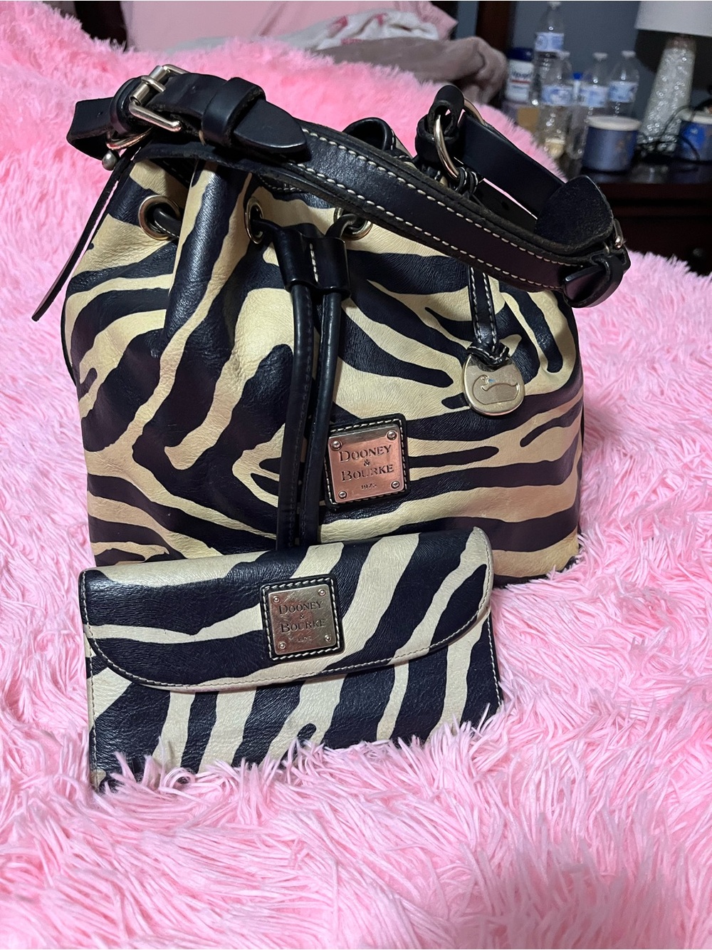 Dooney & Bourke Black and Cream Zebra Print Drawstring Bag with Wallet